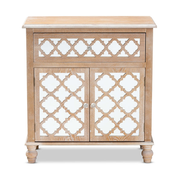 1-Drawer 2-Door Quatrefoil Storage Cabinet Glam Farmhouse Rustic Oak Brown Finished Wood and Mirrored