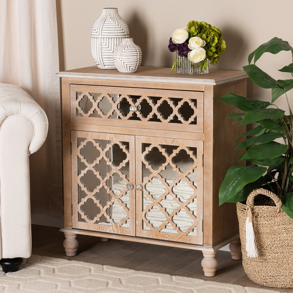 1-Drawer 2-Door Quatrefoil Storage Cabinet Glam Farmhouse Rustic Oak Brown Finished Wood and Mirrored