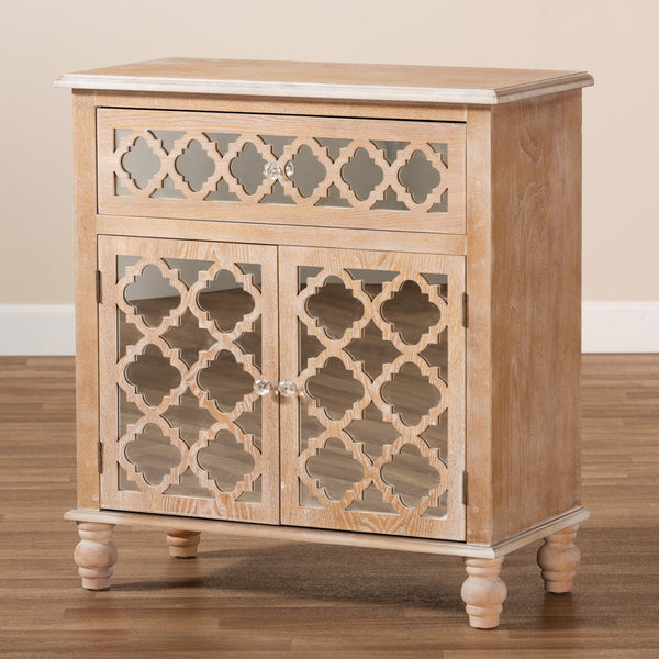 1-Drawer 2-Door Quatrefoil Storage Cabinet Glam Farmhouse Rustic Oak Brown Finished Wood and Mirrored