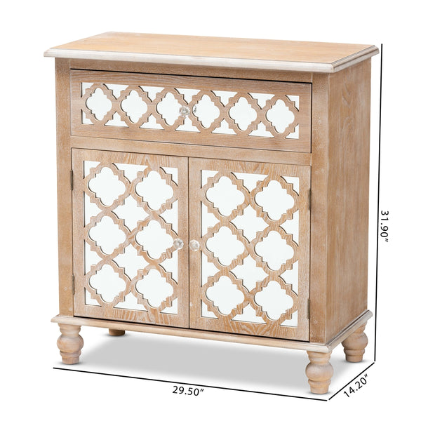 1-Drawer 2-Door Quatrefoil Storage Cabinet Glam Farmhouse Rustic Oak Brown Finished Wood and Mirrored