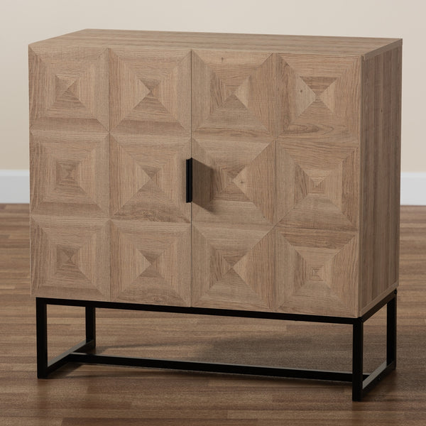 Modern and Contemporary 2-Door Storage Cabinet Natural Brown Finished Wood and Black Metal