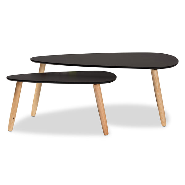 2-Piece Coffee Table Set Mid-Century Modern Two-Tone Black and Oak Brown Finished Wood