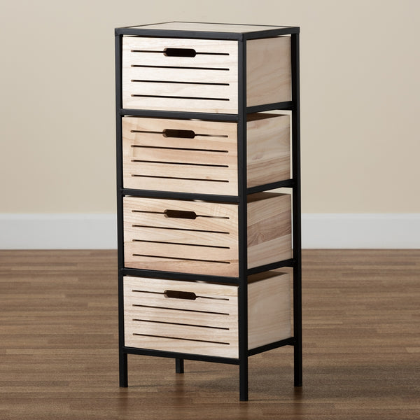 Modern Industrial Oak Brown Finished Wood and Black Metal 4-Drawer Storage Cabinet
