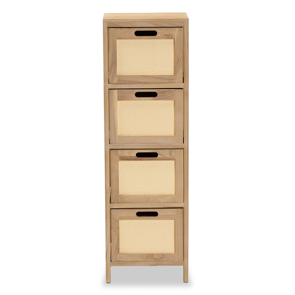 Mid-Century Modern Natural Brown Finished Wood and Rattan 4-Drawer Storage Unit