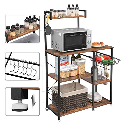 Baker’s Rack with Shelves, Kitchen Shelf with Wire Basket, 6 S-Hooks, Microwave Oven Stand, Utility Storage for Spices, Pots, and Pans