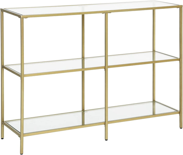 Console Sofa Table with 3 Shelves, Metal Frame, Tempered Glass Shelf, Modern Style, Gold Color