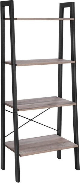Ladder Shelf, 4-Tier Bookshelf, Storage Rack, Bookcase with Steel Frame, Grey and Black
