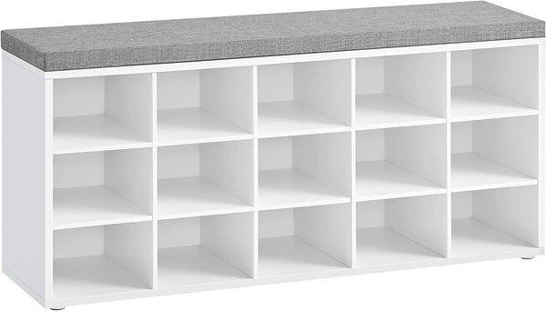 Shoe Rack Bench, Shoe Shelf, Storage Bench, 15 Compartments, with Cushion, for Entryway, White and Gray