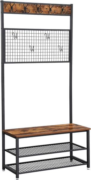 Industrial Coat Rack Stand, Shoe Rack Bench with Grid Memo Board, 9 Hooks and Storage Shelves, Rustic Brown