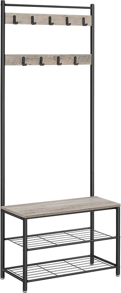 Coat Rack, Hall Tree with Shoe Storage Bench, 3-in-1, Steel Frame, for Entryway, Industrial, Grey and Black