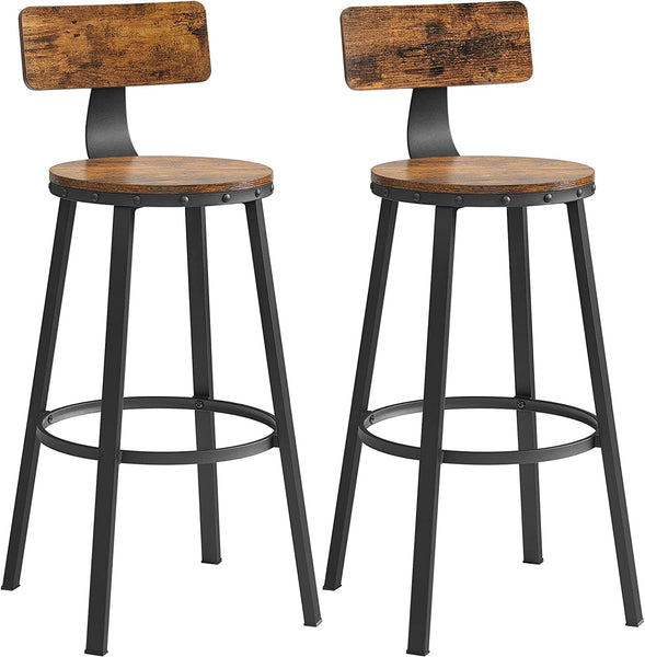 Bar Stools Set of 2, Tall Bar Stools, Bar Height Stools, 28.7 Inch High Barstools with Back, Industrial, Metal Frame, Easy Assembly, Rustic Brown and Black