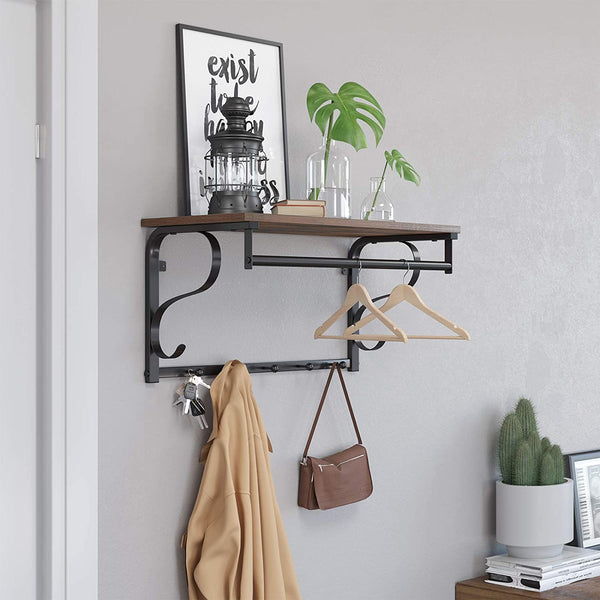 Industrial Wall Mounted Coat Rack Shelf, Hanging Rail, 5 Metal Hooks
