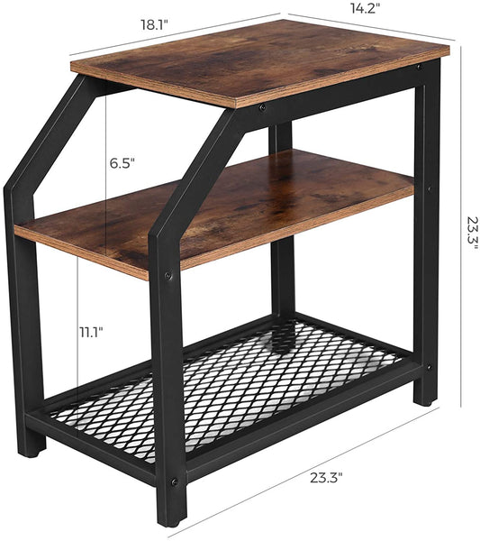 Rustic Brown Side Table with 3 Storage Shelves End Table with Mesh Shelf