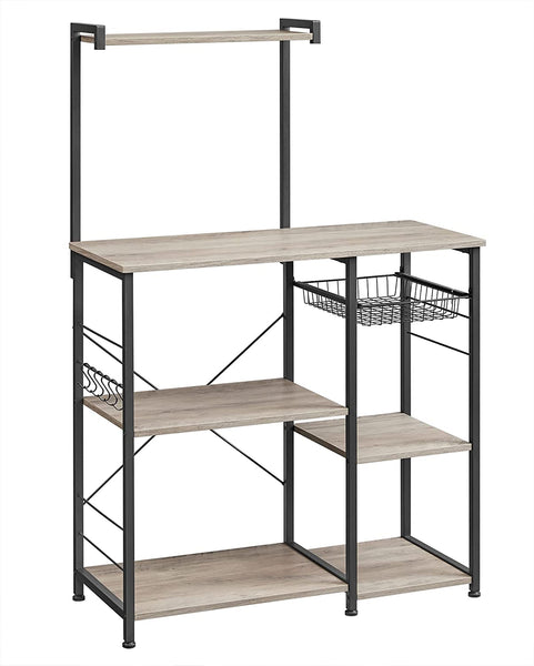 Baker's Rack, Microwave Stand with Wire Basket, 6 Hooks, and Shelves, for Spices, Pots, and Pans, Grey and Black
