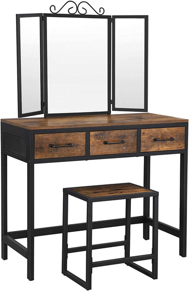 Vanity Table Set, Dressing Table with Stool, Tri-Fold Mirror, 3 Drawers, Makeup Table with Steel Frame, Rustic Brown and Black