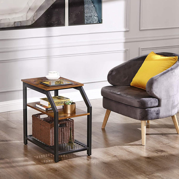 Rustic Brown Side Table with 3 Storage Shelves End Table with Mesh Shelf