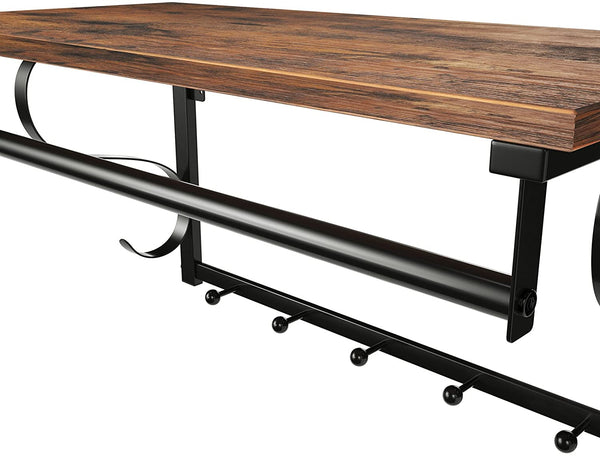 Industrial Wall Mounted Coat Rack Shelf, Hanging Rail, 5 Metal Hooks