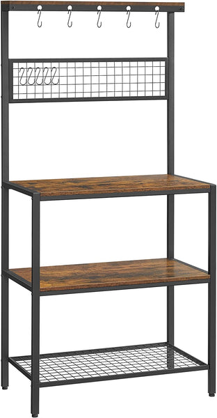 Bakers, Coffee Bar, Kitchen Storage Shelf Rack with 10 Hooks, 3 Shelves, Adjustable Feet, for Microwave Oven
