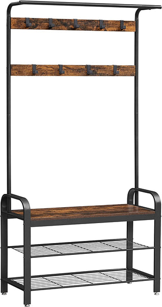 Entryway Bench with Coat Rack, Hall Tree with Shoe Bench 4-in-1, with 9 Removable Hooks, a Hanging Rod, Rustic Brown and Black