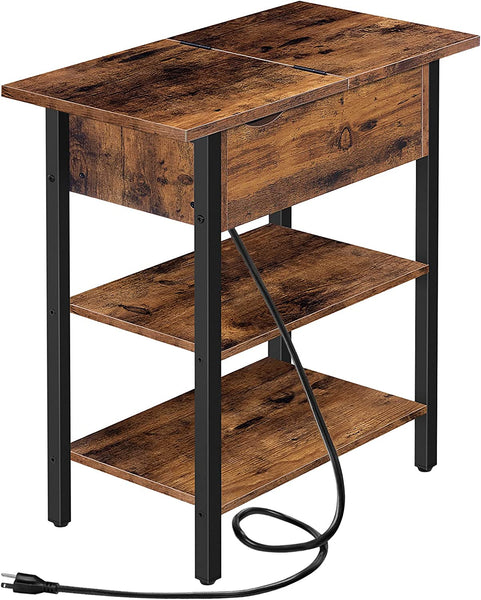 Side Table, Flip End Table with Charging Station and Shelves, USB Ports & Power Outlets, Narrow Nightstand for Small Spaces