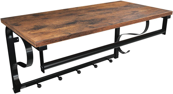 Industrial Wall Mounted Coat Rack Shelf, Hanging Rail, 5 Metal Hooks