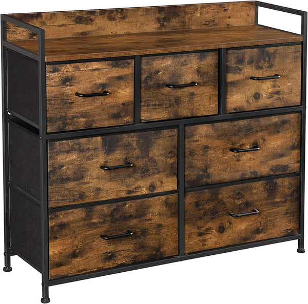 Drawer Dresser, Chest of Drawers, Closet Storage Dresser, 7 Fabric Drawers and Metal Frame with Handles, Rustic Brown and Black