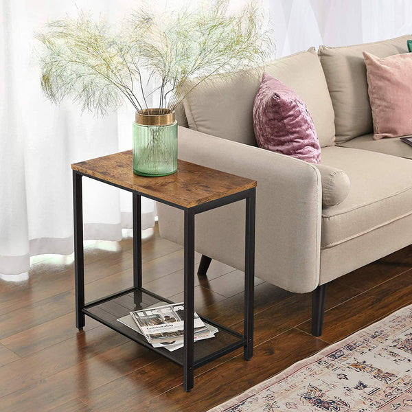 Brown Industrial Side Table with Mesh Shelf, Console Table