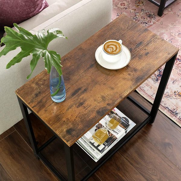 Brown Industrial Side Table with Mesh Shelf, Console Table