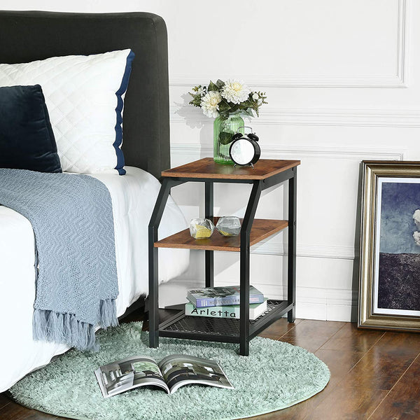 Rustic Brown Side Table with 3 Storage Shelves End Table with Mesh Shelf