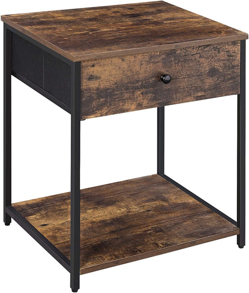 Nightstand, Industrial Bedside Table with Drawer, 2 Shelves, Wooden Top and Front, Rustic Brown + Black
