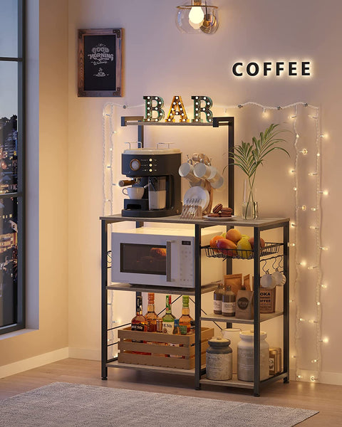 Baker's Rack, Microwave Stand with Wire Basket, 6 Hooks, and Shelves, for Spices, Pots, and Pans, Grey and Black