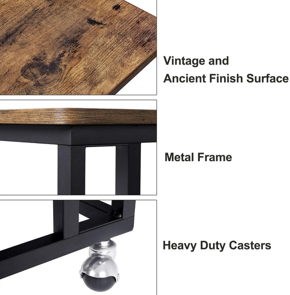 Industrial Side Table, Mobile Snack Table, Portable Table with Wheels and Metal Frame