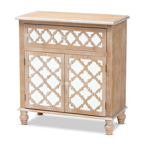 1-Drawer 2-Door Quatrefoil Storage Cabinet Glam Farmhouse Rustic Oak Brown Finished Wood and Mirrored