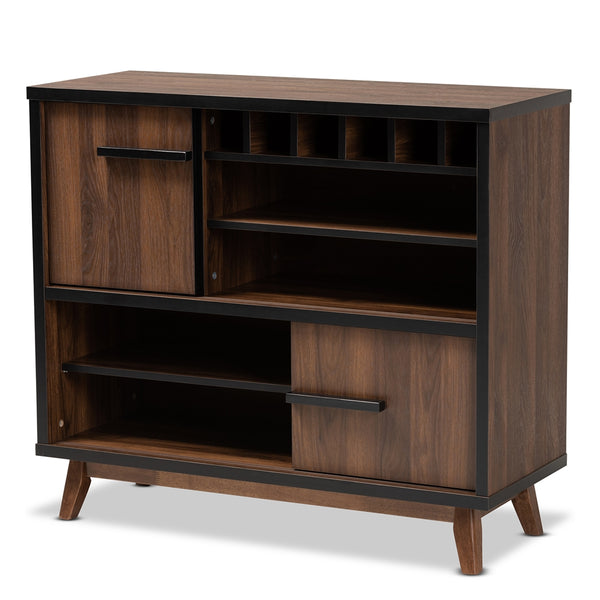 Wine Storage Cabinet Mid-Century Modern Two-Tone Walnut Brown and Black Finished Wood