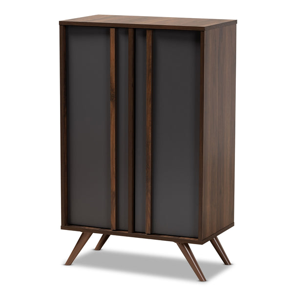 2-Door 5 Shelves Shoe Cabinet Modern and Contemporary Two-Tone Grey and Walnut Finished Wood