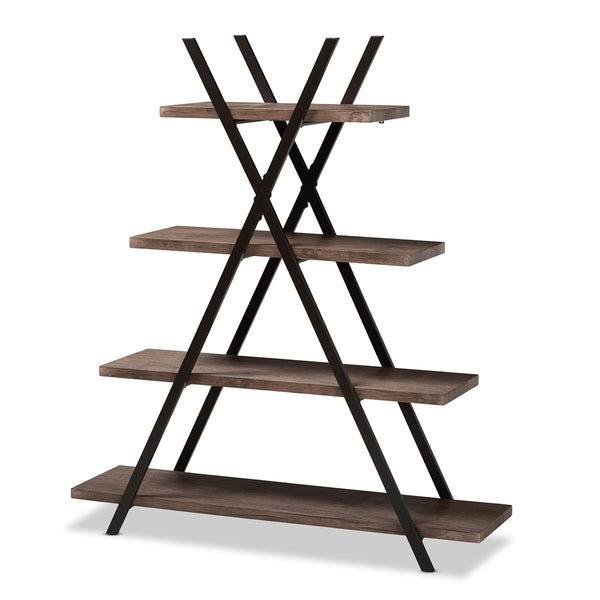 Industrial Rustic 4-Tier Living Room Display Shelf Walnut Finished Wood and Black Metal