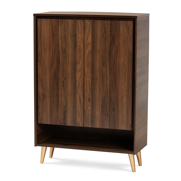 2-Door Entryway Shoe Storage Cabinet Mid-Century Modern Walnut Brown and Gold Finished Wood