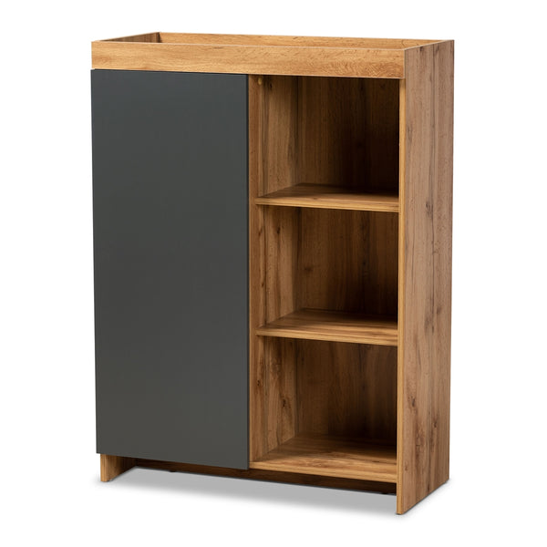 3 Tier 1 Door Shoe Cabinet Two-Tone Grey and Oak Brown Finished Wood