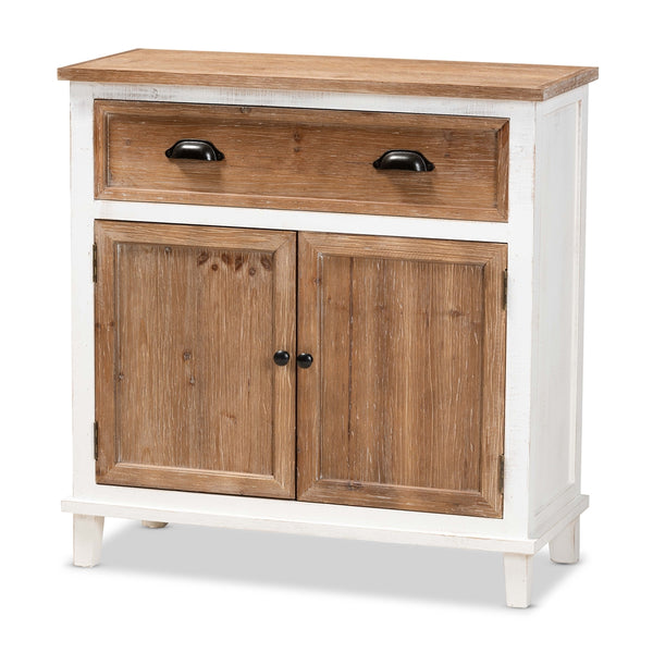 2-Door 2-Drawer Storage Cabinet Rustic Farmhouse Weathered Two-Tone White and Oak Brown Finished Wood