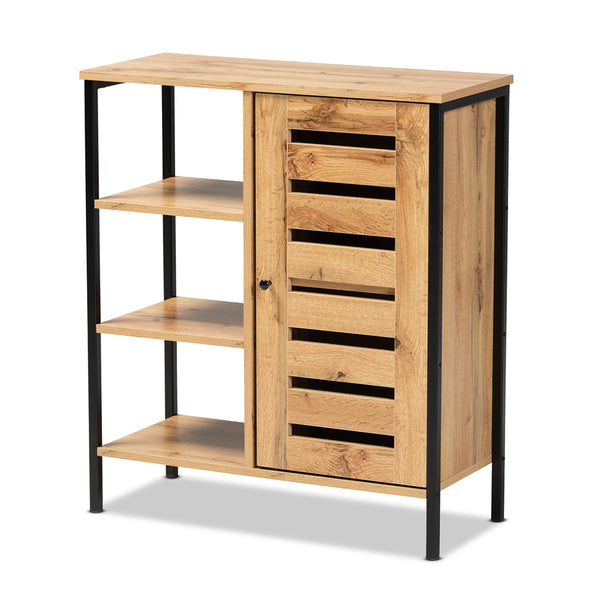 1-Door 3 Tier Shoe Storage Cabinet Modern and Contemporary Oak Brown Finished Wood and Black Finished Metal