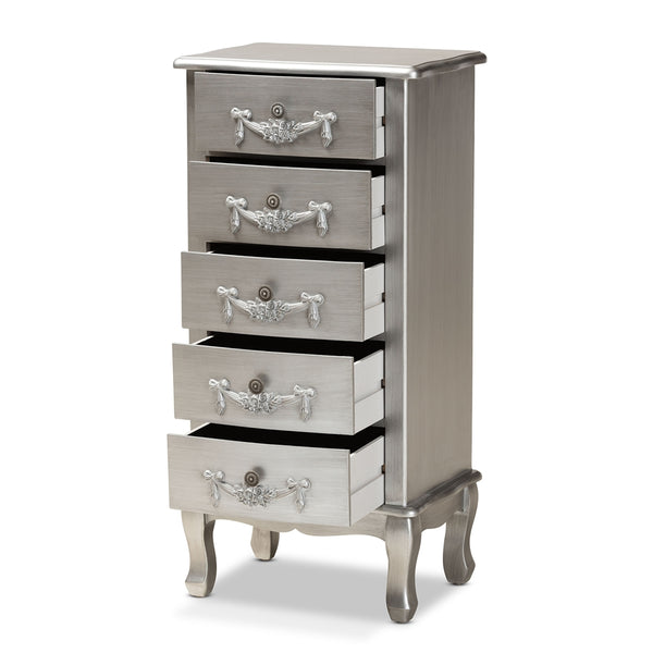 Classic and Traditional Brushed Silver Finished Wood 5-Drawer Chest