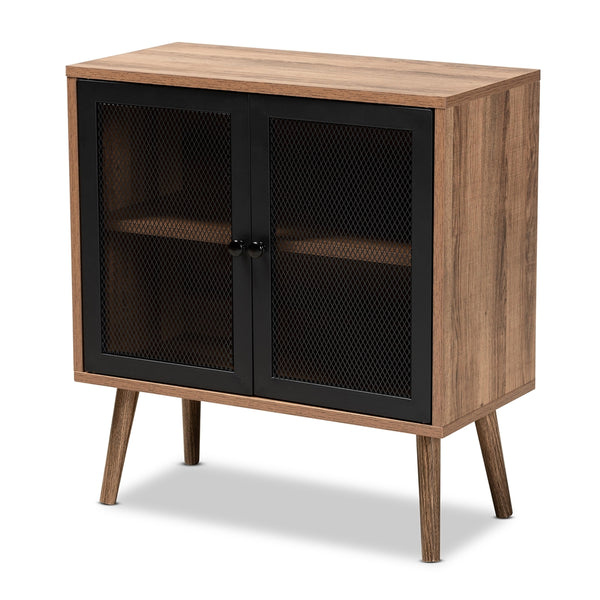 Mid-Century Modern Transitional 2-Door Storage Cabinet Natural Brown Finished Wood and Black Metal