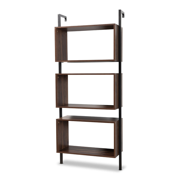 3-Tier Wall Mounted Display Shelf Modern Industrial Walnut Brown Finished Wood and Black Metal