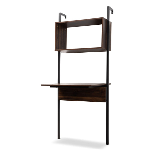 Modern Industrial Walnut Brown Finished Wood and Black Metal Display Shelf with Desk