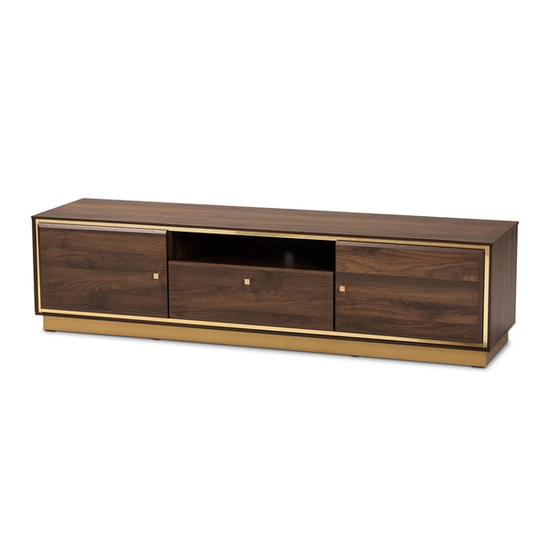 Walnut Brown Finished Wood and Gold Metal 2-Door TV Stand Mid-Century Modern Transitional