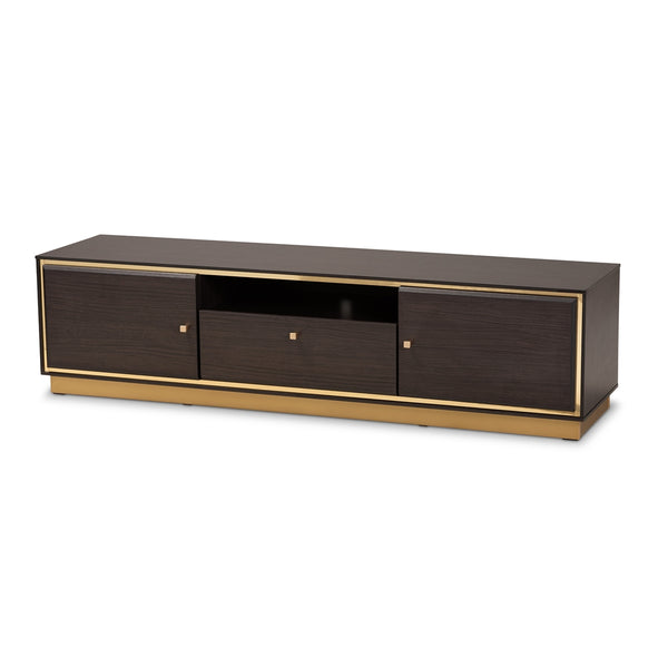 Mid-Century Modern Transitional Dark Brown Finished Wood and Gold Metal 2-Door TV Stand