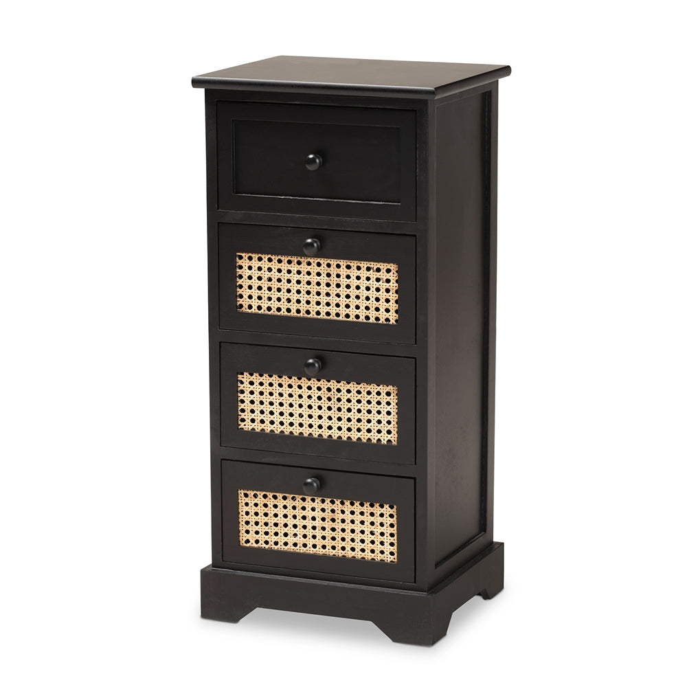 Mid-Century Modern Transitional Espresso Brown Finished Wood and Rattan 4-Drawer Storage Cabinet