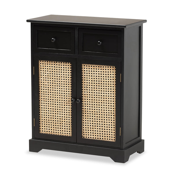 Mid-Century Modern Transitional Espresso Brown Finished Wood and Rattan 2-Drawer Storage Cabinet