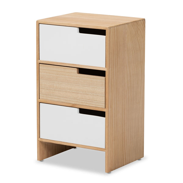 Modern and Contemporary Two-Tone White and Oak Brown Finished Wood 3-Drawer Storage Cabinet