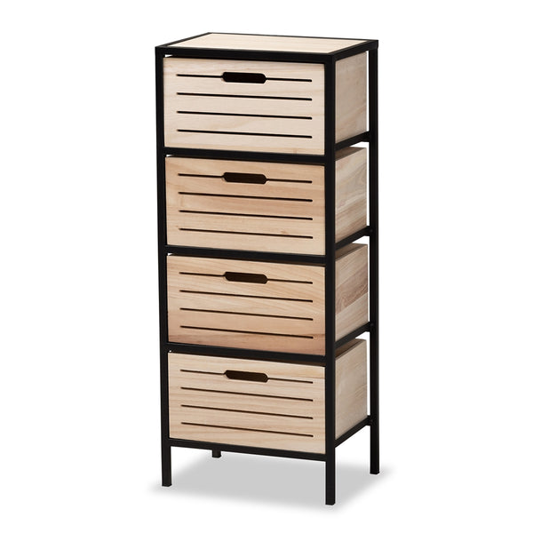 Modern Industrial Oak Brown Finished Wood and Black Metal 4-Drawer Storage Cabinet